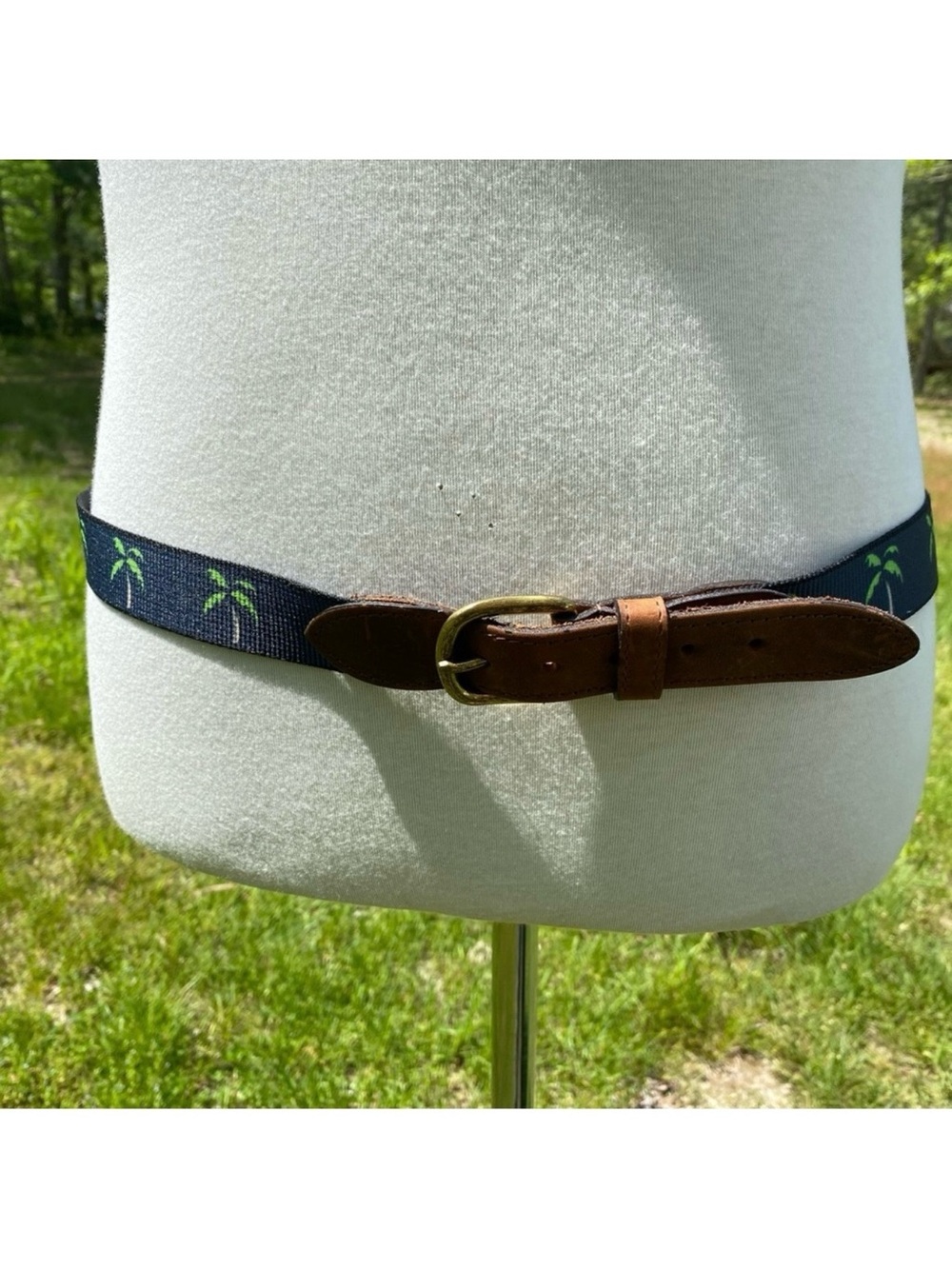 THOMAS BATES BELT BLUE FABRIC GREEN PALM TREES BROWN LEATHER BRASS BUCKLE 38 USA